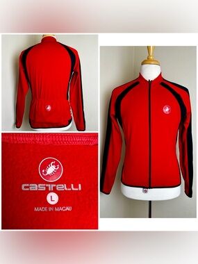 CASTELLI Men's Red Black Long Sleeve Zip-up Fleece Jacket/Jersey Sz L VGUC!